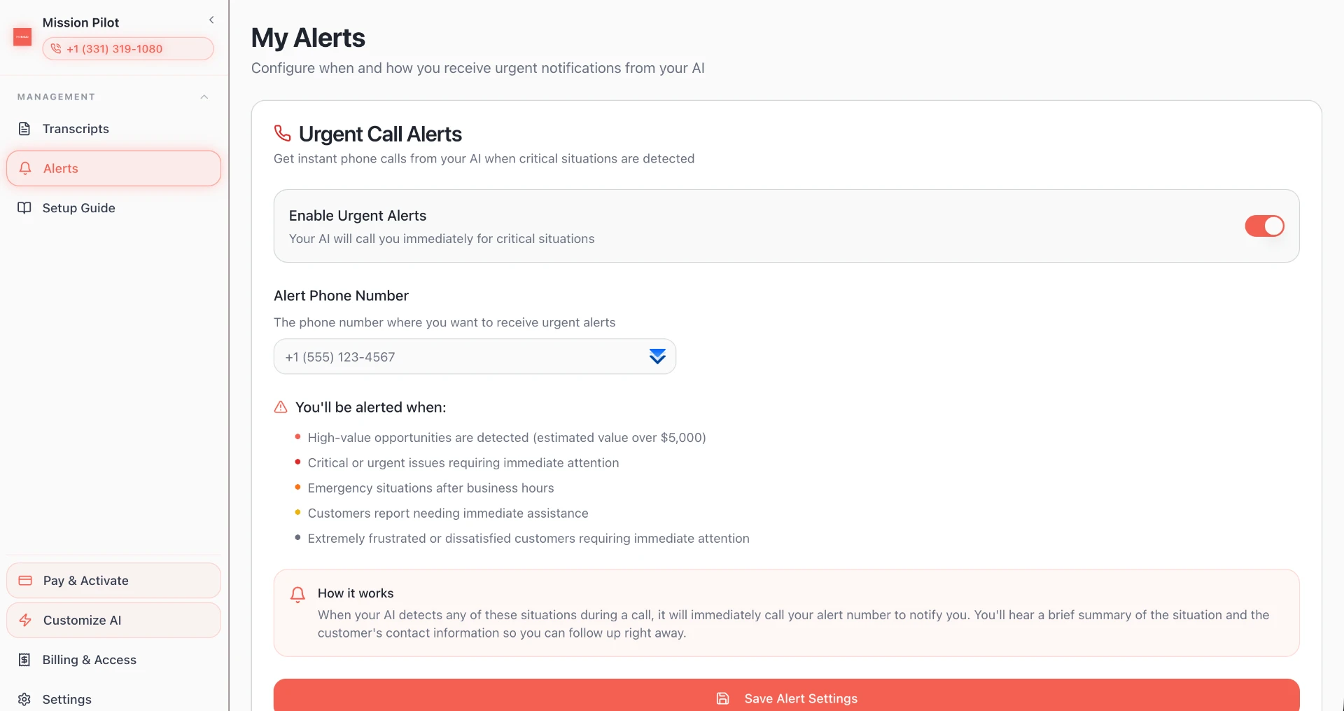 Mission Pilot urgent call alert settings